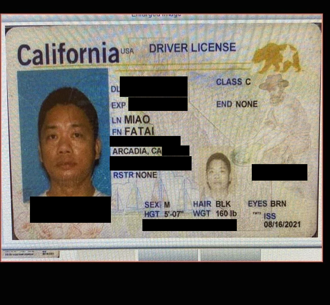 Redacted California driver license photo in the name of Fatai Miao, posted on Reddit