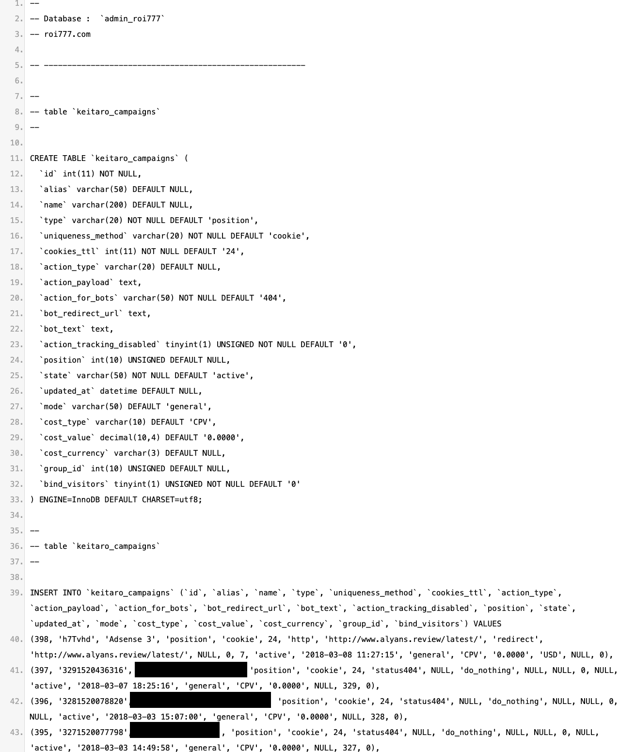 Screenshot of Pastebin text: a header naming the database admin_roi777 and roi777.com, a CREATE TABLE statement for keitaro_campaigns listing its columns, and the first four rows of an INSERT statement with campaign IDs, a redirect to alyans.review, and dates in March 2018. Three email addresses are covered by black bars.
