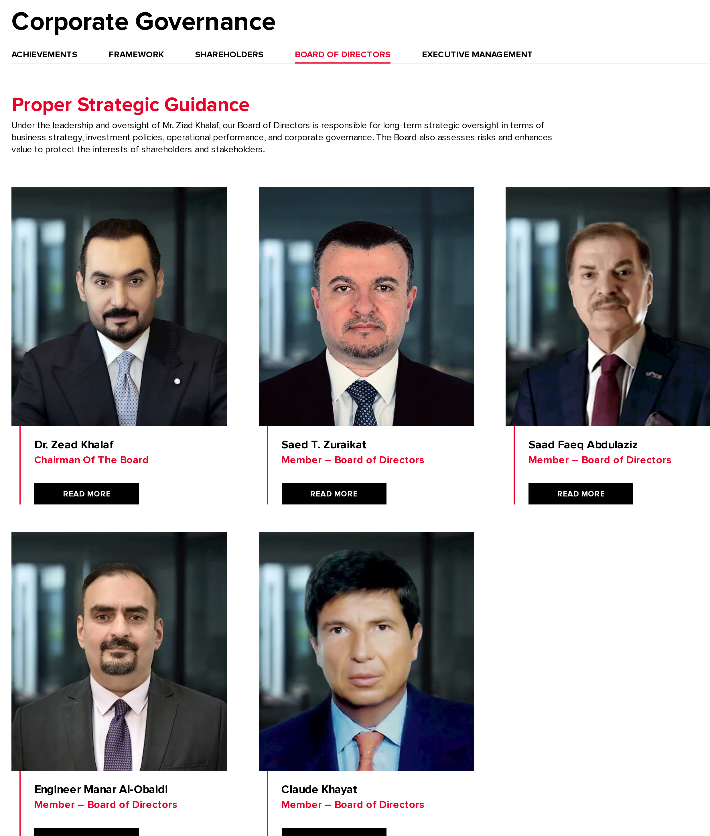 Screenshot of the International Development Bank’s Corporate Governance, Board of Directors page, headed Proper Strategic Guidance, showing five portrait photos of men in suits labeled Dr. Zead Khalaf, Chairman Of The Board; Saed T. Zuraikat; Saad Faeq Abdulaziz; Engineer Manar Al-Obaidi; and Claude Khayat, each labeled Member – Board of Directors.