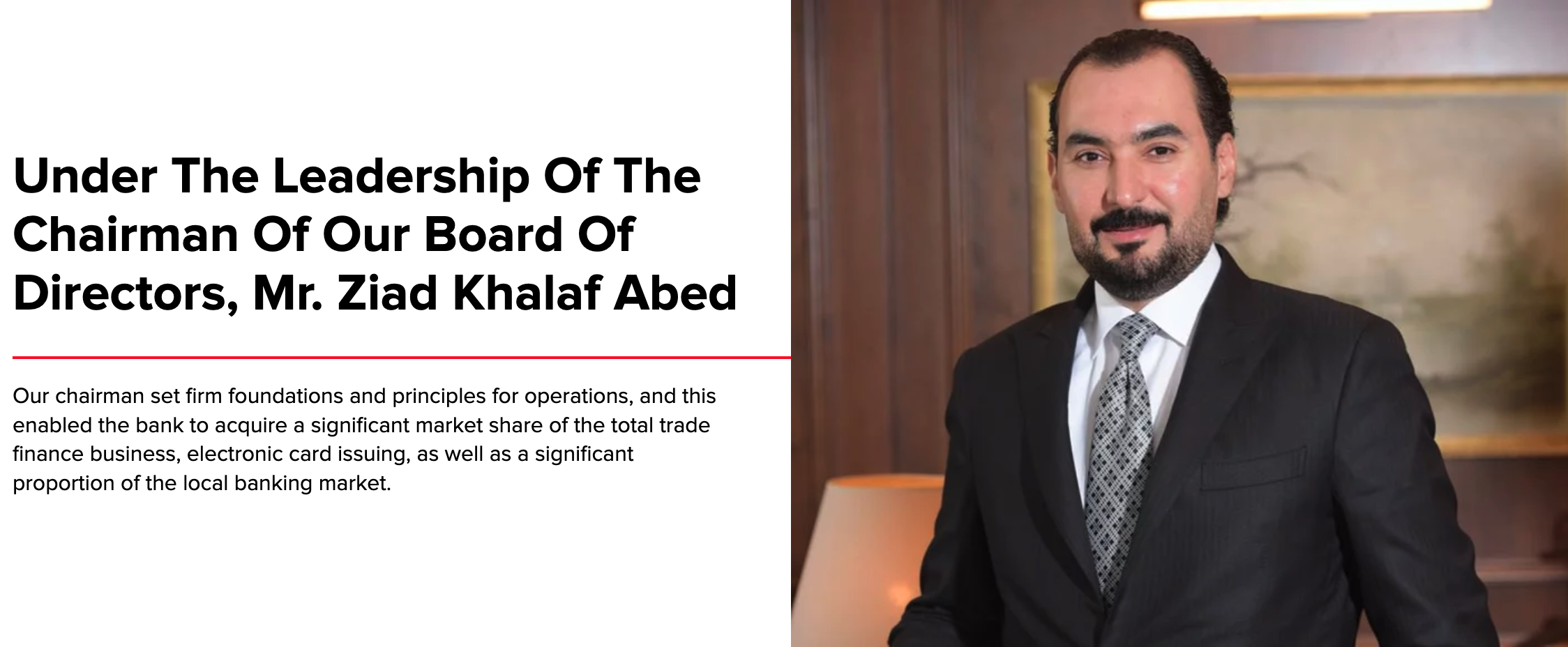 Screenshot of an International Development Bank web page with the heading Under The Leadership Of The Chairman Of Our Board Of Directors, Mr. Ziad Khalaf Abed, a paragraph crediting the chairman with the bank’s share of trade finance and card issuing, and a photo of a bearded man in a dark suit and patterned tie.