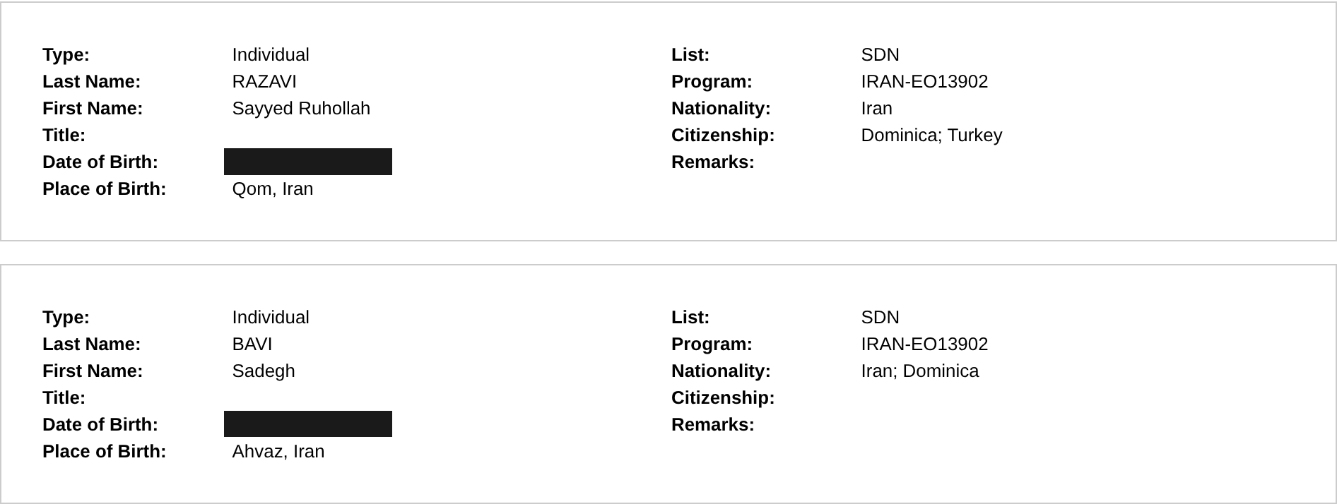 Two cropped OFAC Sanctions List Search entries. Razavi, Sayyed Ruhollah: nationality Iran, citizenship Dominica and Turkey, program IRAN-EO13902. Bavi, Sadegh: nationality Iran and Dominica, program IRAN-EO13902.