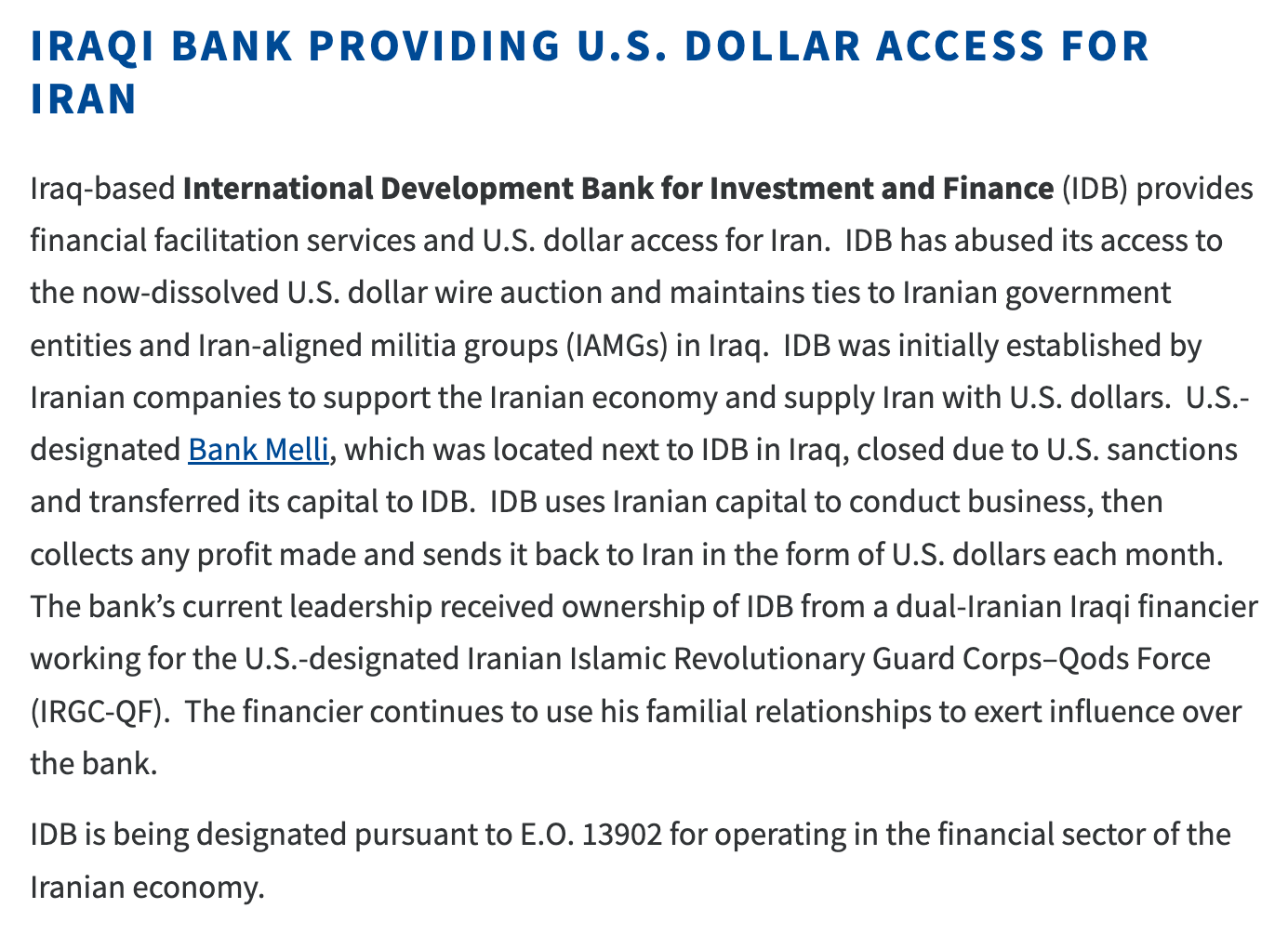 Excerpt from a U.S. Treasury press release under the heading Iraqi Bank Providing U.S. Dollar Access for Iran. It says Iraq-based International Development Bank for Investment and Finance provides financial facilitation services and U.S. dollar access for Iran, abused the now-dissolved U.S. dollar wire auction, was initially established by Iranian companies, received Bank Melli’s capital, sends profit to Iran in U.S. dollars each month, and received its ownership from a dual-Iranian Iraqi financier working for the IRGC-Qods Force. A final line says IDB is being designated pursuant to E.O. 13902 for operating in the financial sector of the Iranian economy.