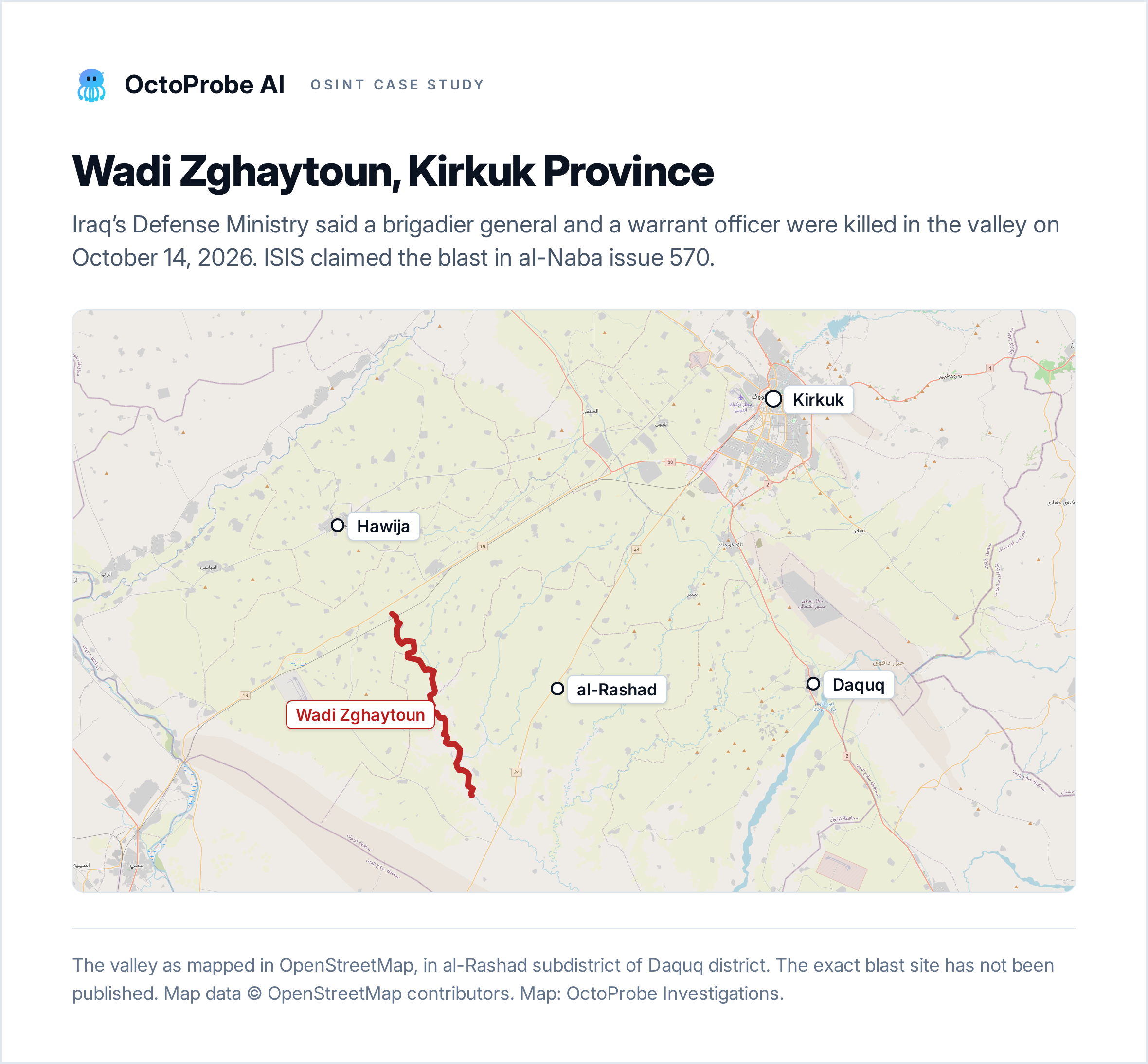 Map of Kirkuk province, Iraq, showing Kirkuk city, Hawija, Daquq and the town of al-Rashad, with the Wadi Zghaytoun valley drawn in red to the west and southwest of al-Rashad.