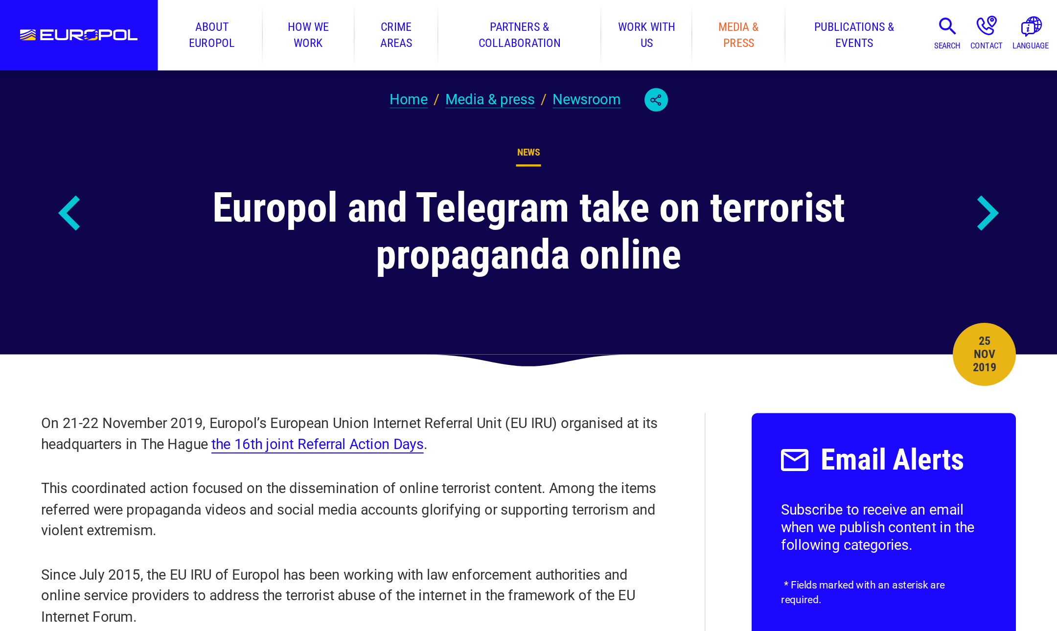 Europol and Telegram Referral Action Days, November 2019 Screenshot of a Europol press release headlined Europol and Telegram take on terrorist propaganda online, describing the November 2019 Referral Action Days