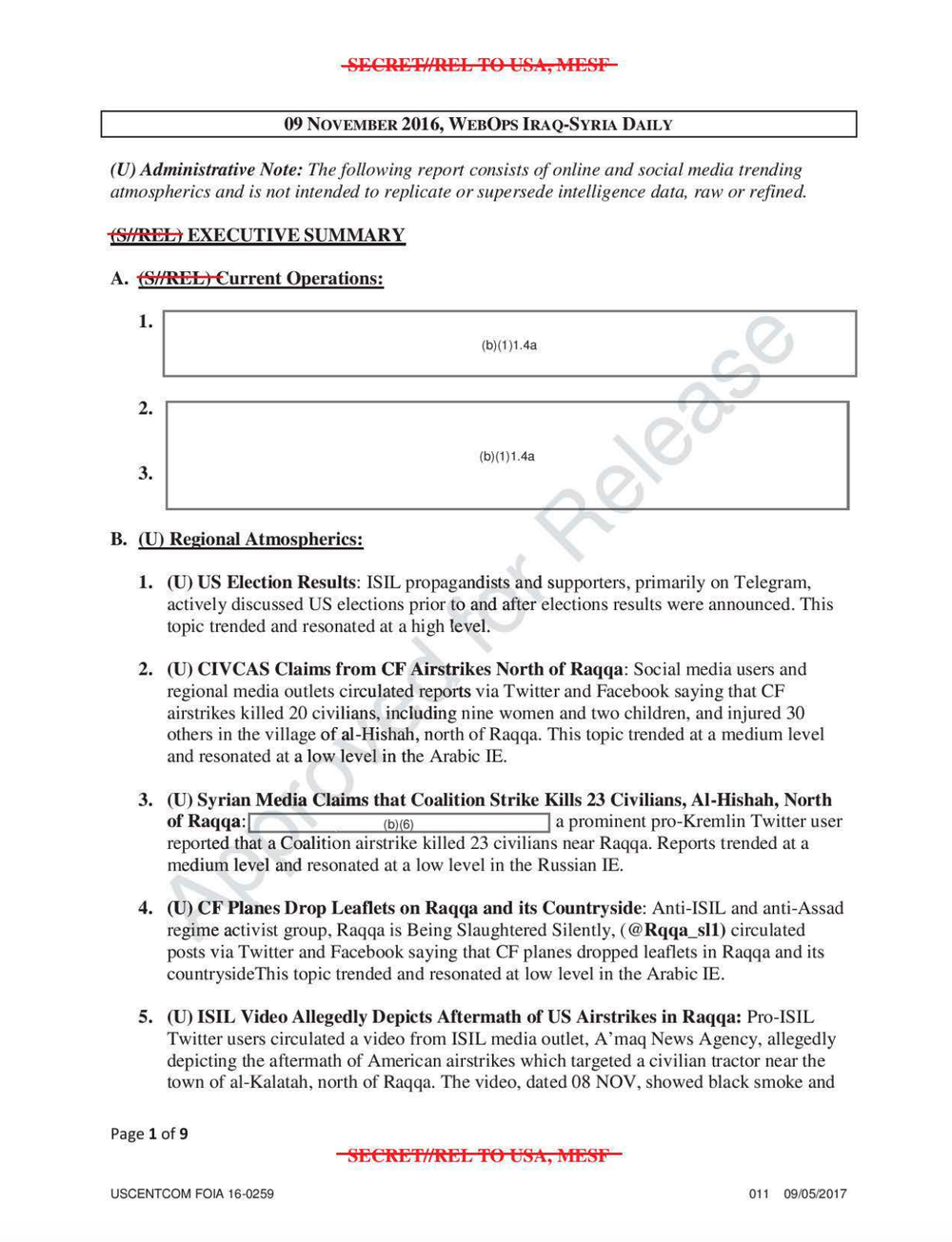 First page of the 09 November 2016 WebOps Iraq-Syria Daily, with an administrative note calling the report online and social media trending atmospherics, a redacted Current Operations section marked (b)(1)1.4a, and regional atmospherics items on U.S. election results and civilian casualty claims near Raqqa.