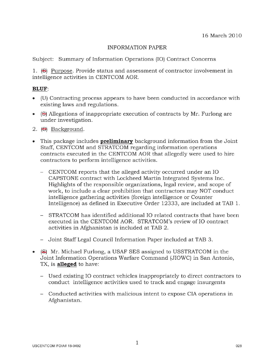 Page 1 of a CENTCOM information paper dated 16 March 2010, Subject: Summary of Information Operations (IO) Contract Concerns, with purpose, bottom line up front, and background sections; the page states that Mr. Michael Furlong is alleged to have used IO contract vehicles to direct contractors to conduct intelligence activities. Footer: USCENTCOM FOIA# 18-0492, 028.