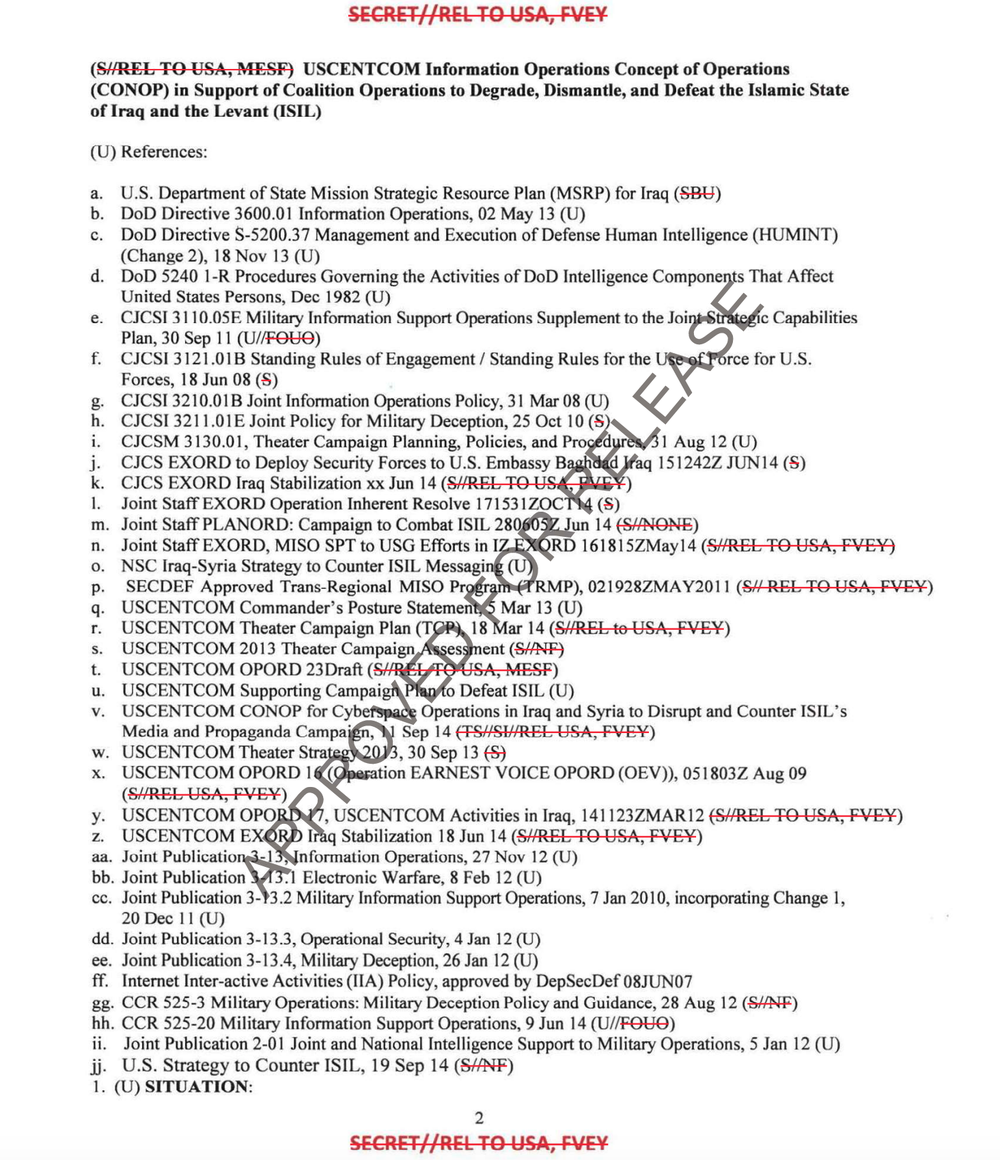 Page 2 of the CENTCOM information operations CONOP against ISIL, marked SECRET//REL TO USA, FVEY, listing references a through jj, including DoD Directive 3600.01, CJCSI 3110.05E, CJCSI 3211.01E, the Trans-Regional MISO Program, Operation EARNEST VOICE, Joint Publications 3-13 through 3-13.4, the Internet Inter-active Activities policy of 2007, and CCR 525-3 and 525-20, under an Approved for Release watermark.