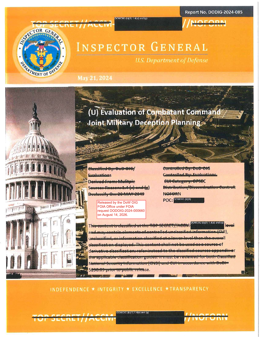 Title page of DoD Inspector General report DODIG-2024-085, Evaluation of Combatant Command Joint Military Deception Planning, dated May 21, 2024, with a FOIA release stamp and redaction boxes over the classification lines.