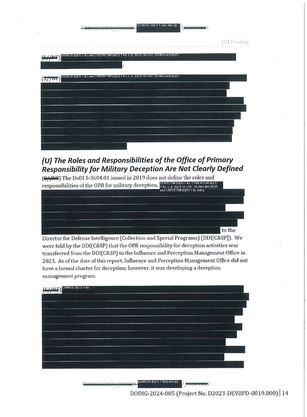 Page 14 of DODIG-2024-085 headed The Roles and Responsibilities of the Office of Primary Responsibility for Military Deception Are Not Clearly Defined, with most of the page blacked out and marked with DoW OIG and combatant command exemption codes.