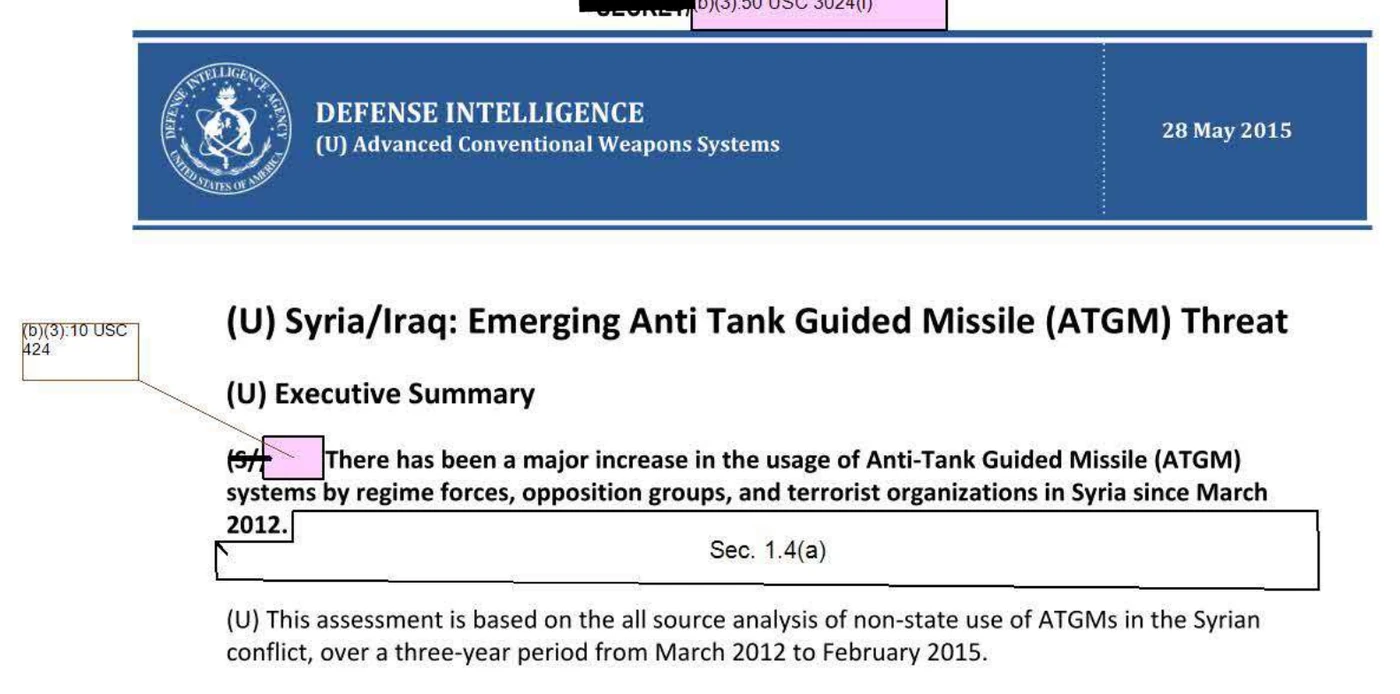Executive summary of the May 2015 DIA ATGM assessment stating there has been a major increase in anti-tank guided missile use in Syria since March 2012.