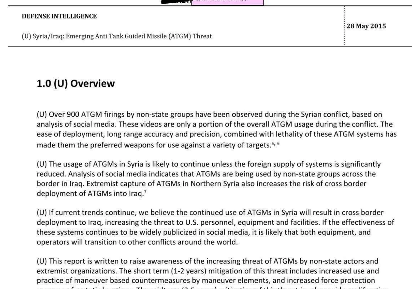 DIA assessment overview page describing the review of non-state anti-tank guided missile videos and the risk of cross-border deployment into Iraq.