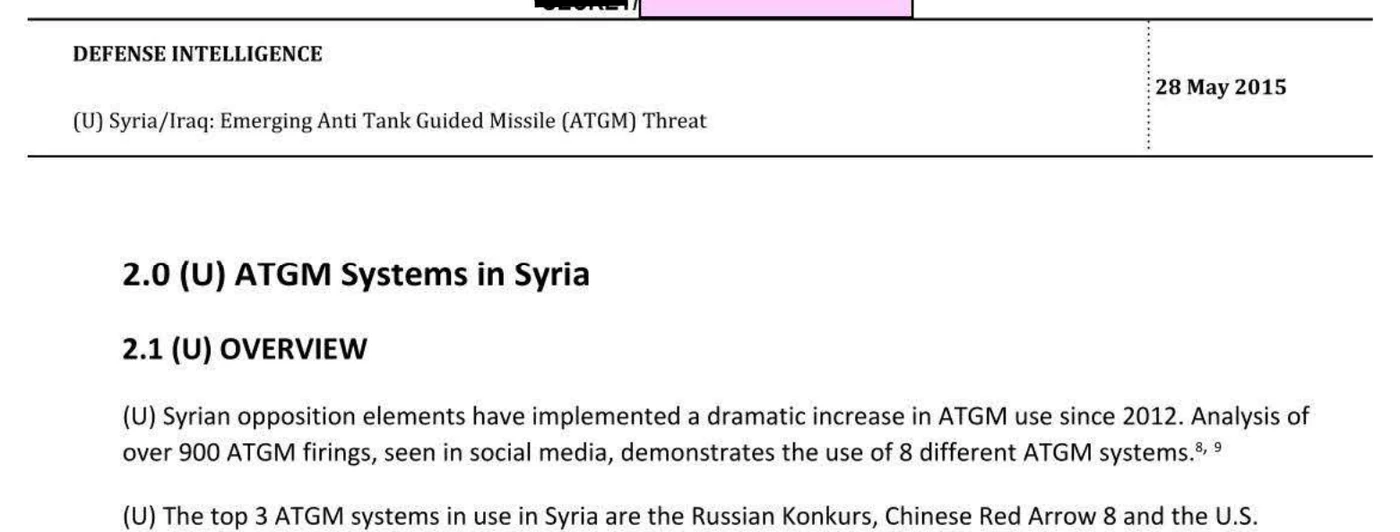 DIA assessment text stating the top three ATGM systems in use in Syria are the Russian Konkurs, the Chinese Red Arrow 8, and the U.S. TOW.