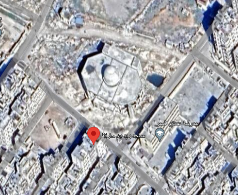 Satellite view of the Zayd bin Haritha Mosque with a red pin.