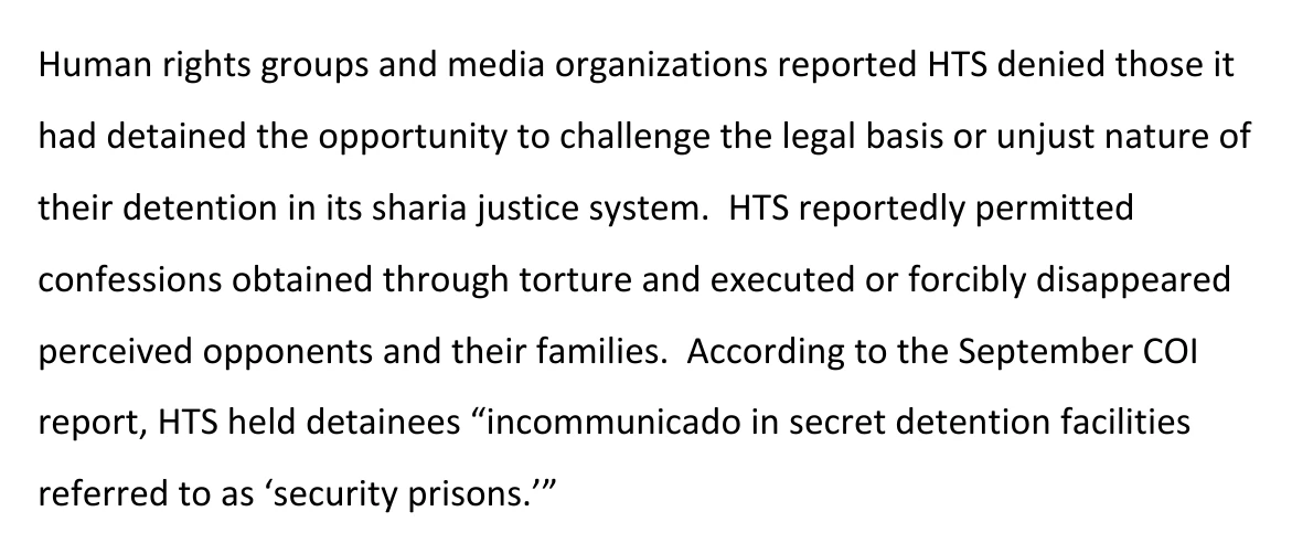Passage from the State Department’s 2023 Syria human rights report saying HTS reportedly permitted confessions obtained through torture and held detainees in secret security prisons.