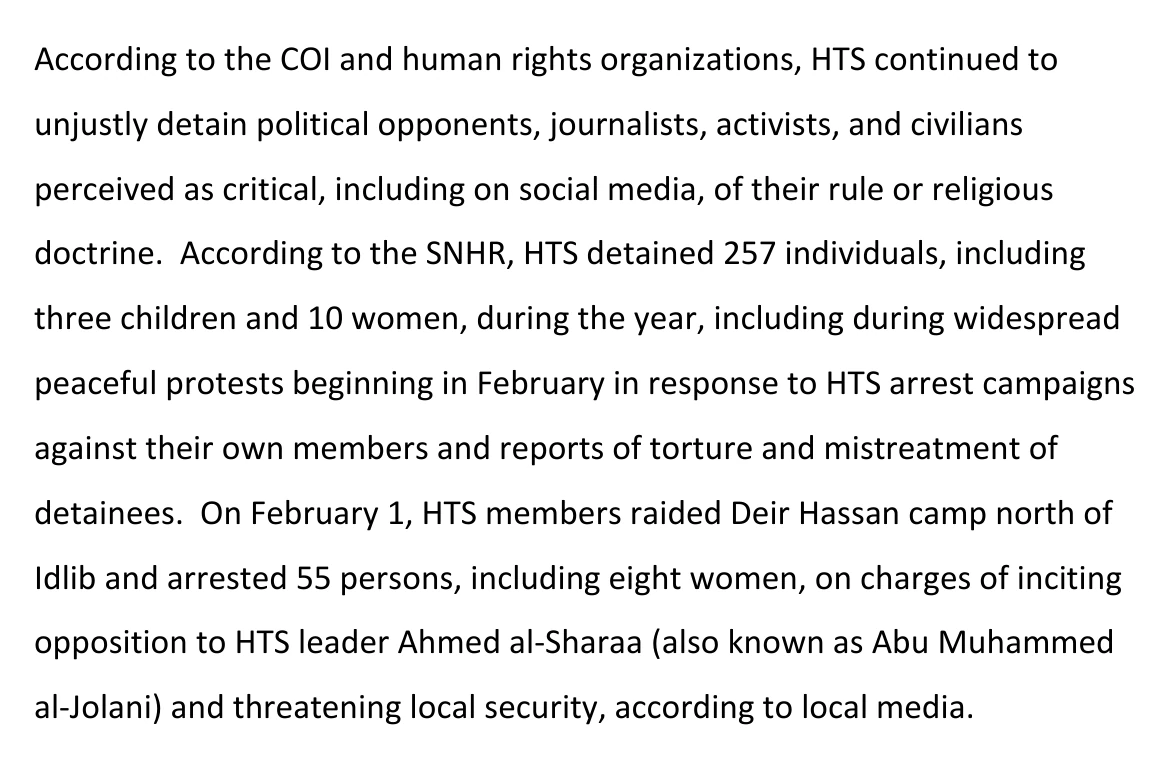Passage from the 2024 report saying HTS detained 257 individuals and on February 1 raided Deir Hassan camp, arresting 55 people on charges of inciting opposition to HTS leader Ahmed al-Sharaa.