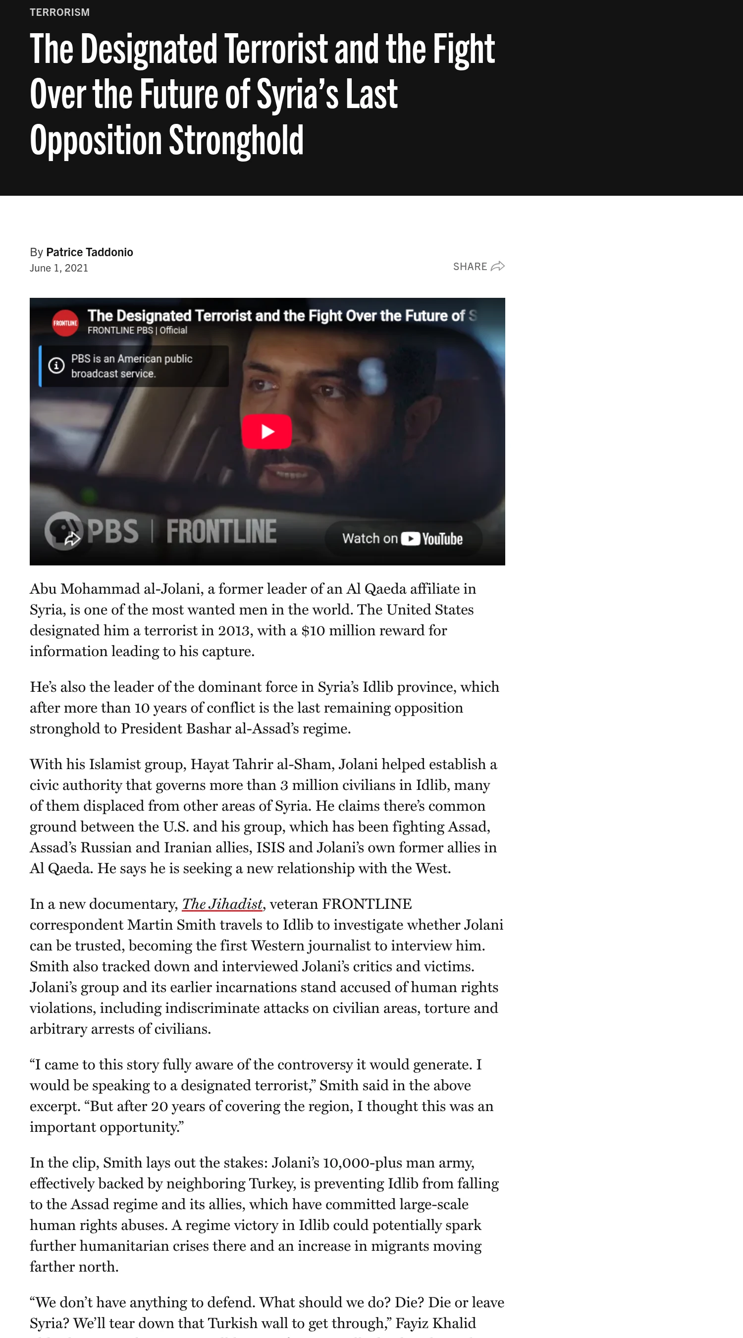 PBS Frontline article page from June 2021 headlined The Designated Terrorist and the Fight Over the Future of Syria.