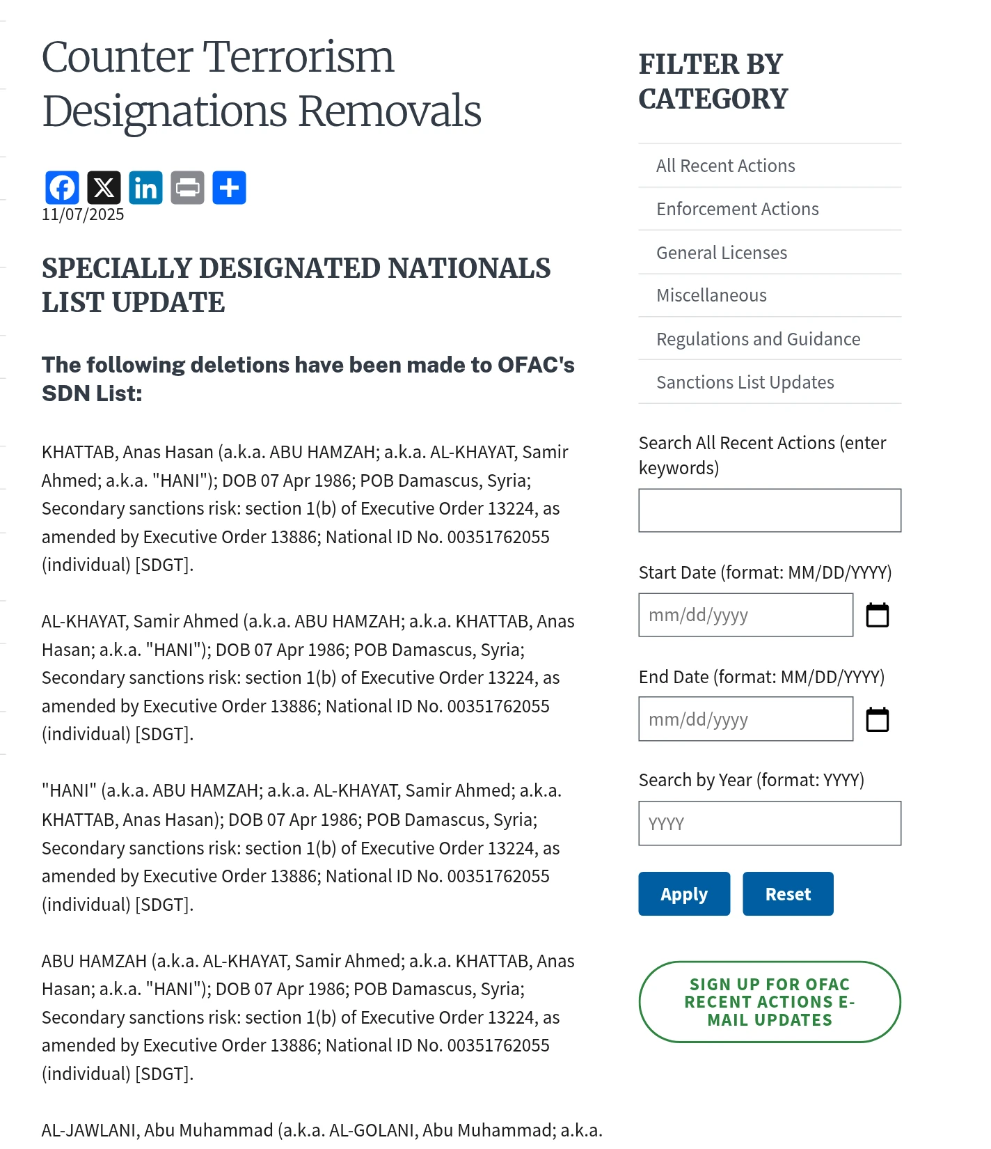 Treasury Office of Foreign Assets Control recent-actions page for November 7, 2025, titled Counter Terrorism Designations Removals, listing AL-JAWLANI, Abu Muhammad.