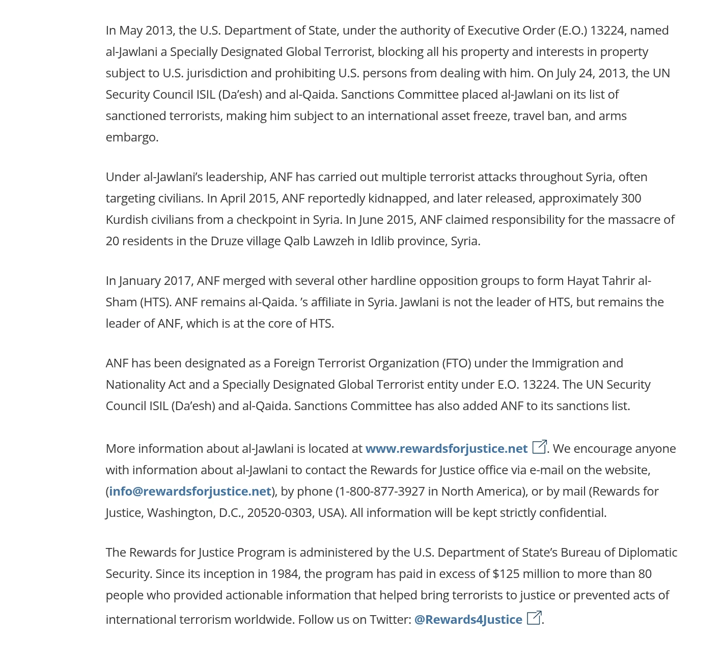 Second part of the Rewards for Justice media note, describing al-Jawlani’s 2013 designation, the kidnapping of about 300 Kurdish civilians, the Qalb Lawzeh massacre, and the January 2017 merger into Hayat Tahrir al-Sham.