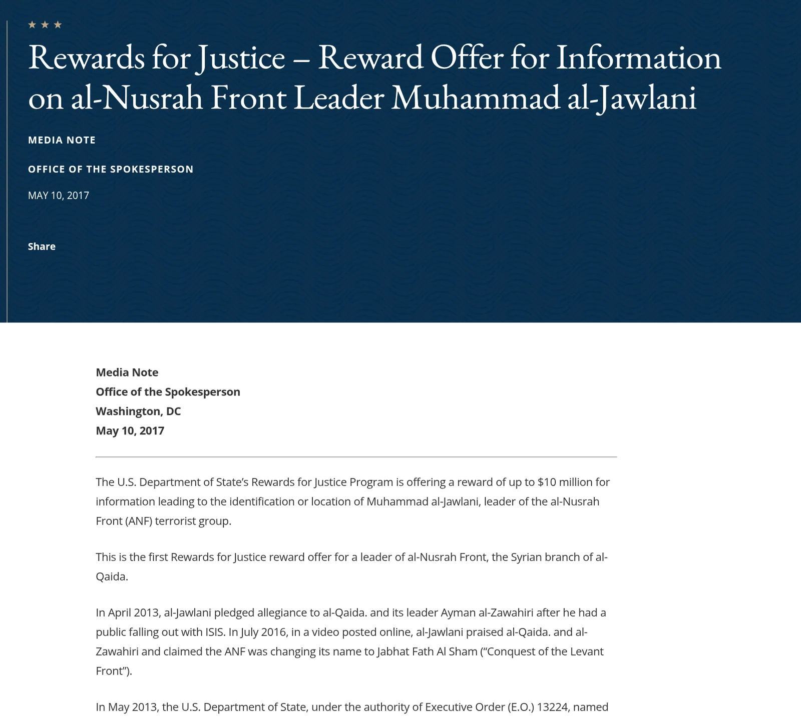 State Department media note dated May 10, 2017, headlined Rewards for Justice – Reward Offer for Information on al-Nusrah Front Leader Muhammad al-Jawlani, announcing a reward of up to $10 million.