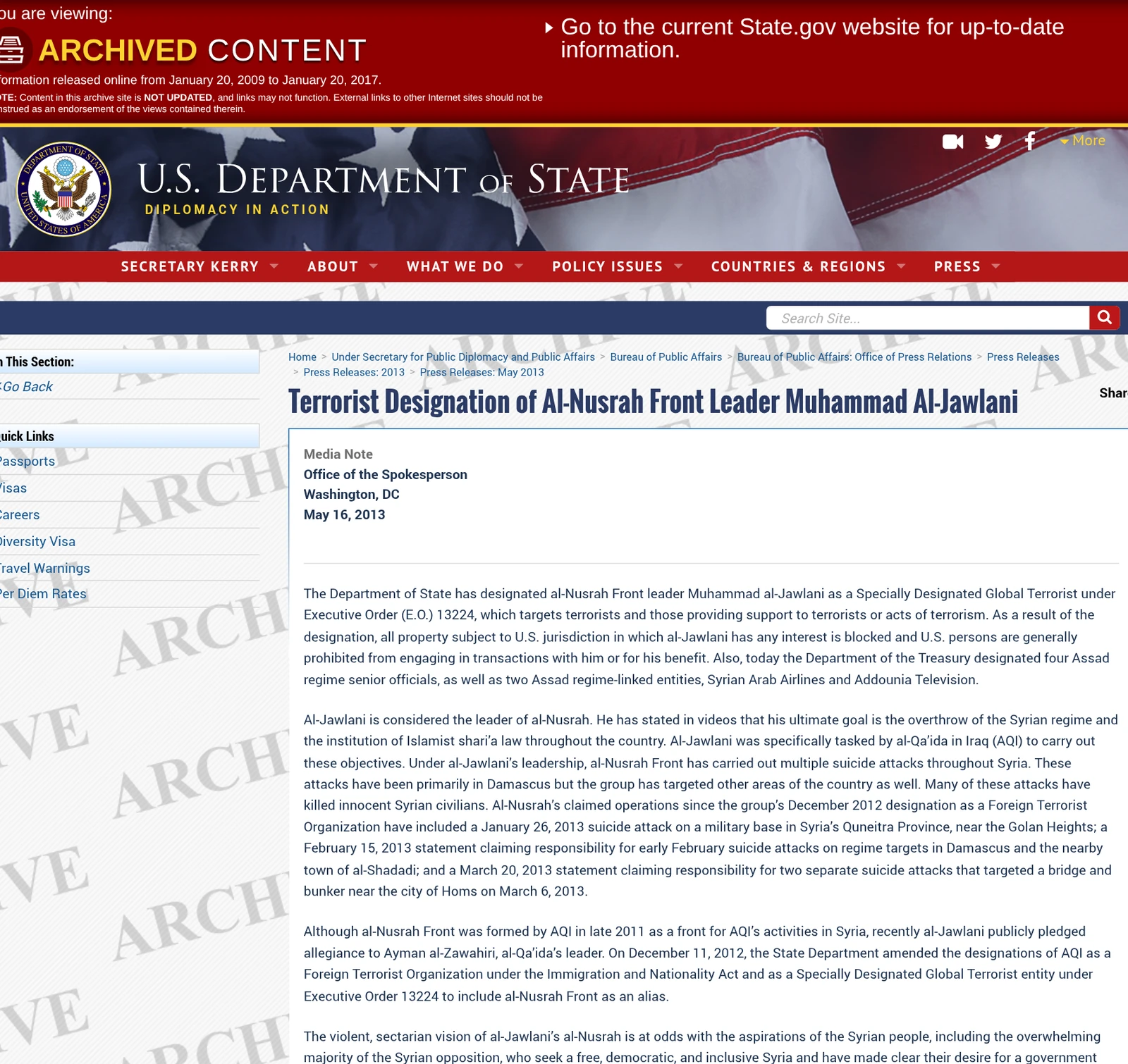 Archived State Department press statement from May 16, 2013, titled Terrorist Designation of Al-Nusrah Front Leader Muhammad Al-Jawlani.