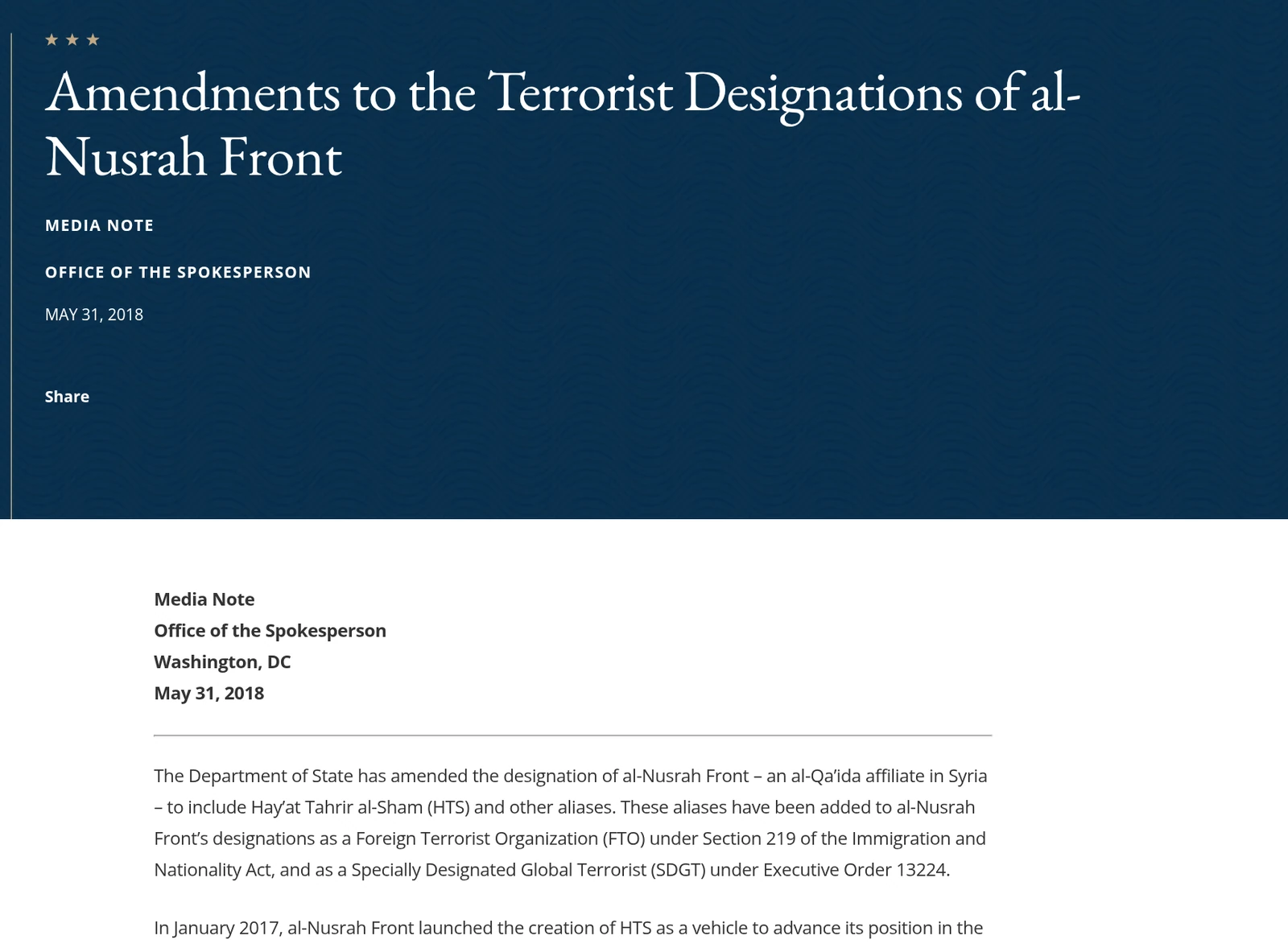State Department media note dated May 31, 2018, titled Amendments to the Terrorist Designations of al-Nusrah Front.