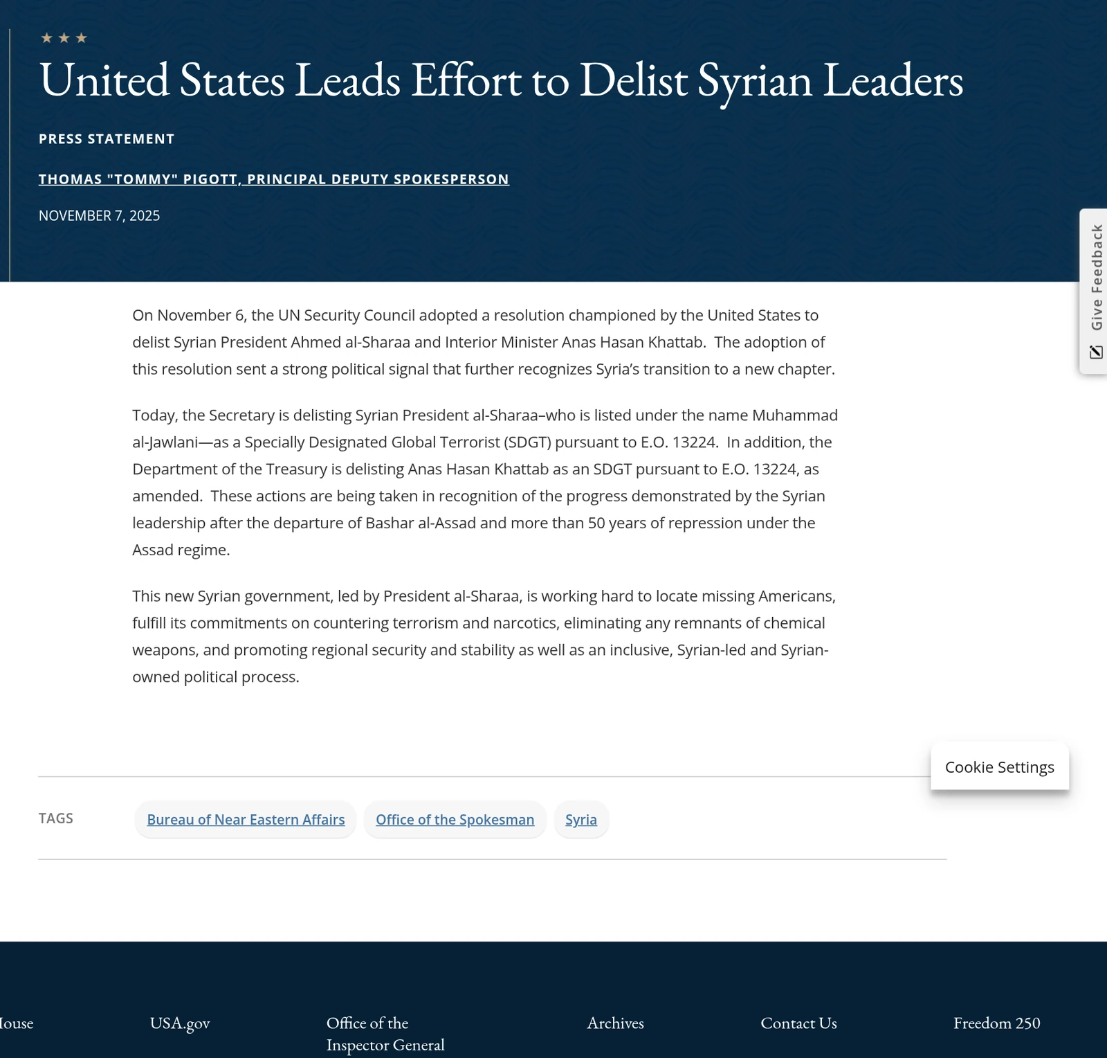 State Department press statement dated November 7, 2025, titled United States Leads Effort to Delist Syrian Leaders.