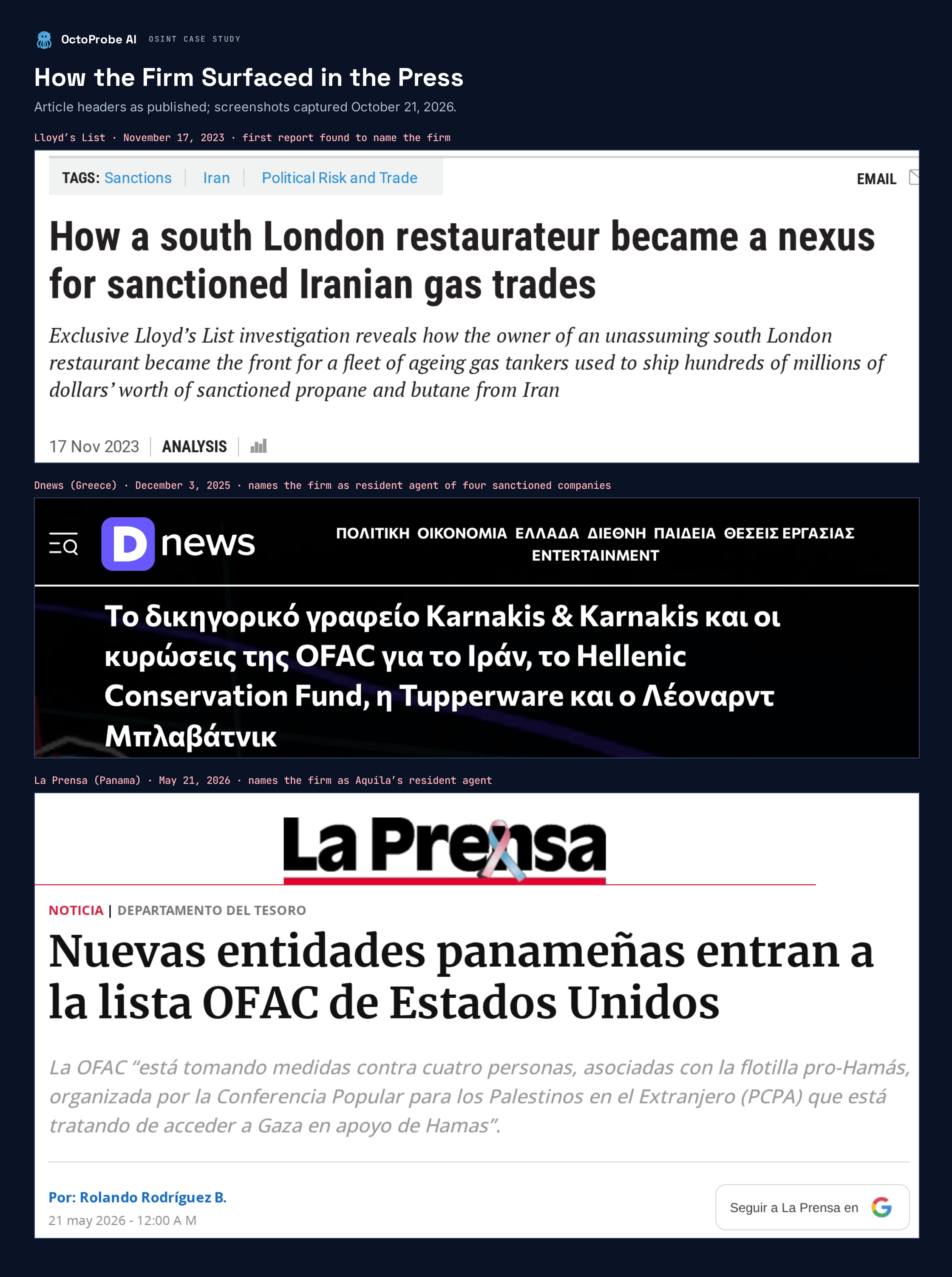 Three article headers stacked: Lloyd’s List, November 17, 2023, How a south London restaurateur became a nexus for sanctioned Iranian gas trades; Dnews, December 3, 2025, a Greek-language column headlined with the name Karnakis and Karnakis and OFAC sanctions on Iran; La Prensa, May 21, 2026, Nuevas entidades panameñas entran a la lista OFAC de Estados Unidos.