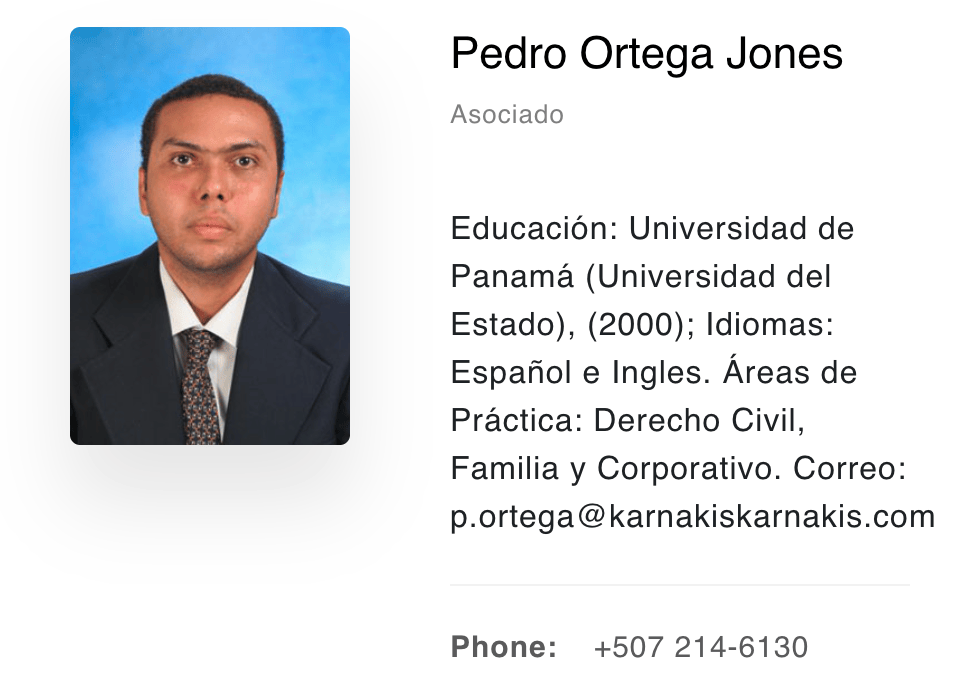 Staff profile card from the Karnakis and Karnakis website: a head-and-shoulders photo of Pedro Ortega Jones in a dark suit and patterned tie against a blue backdrop, with his name, the title Asociado, his education, languages, practice areas, a firm email address, and a Panama phone number.