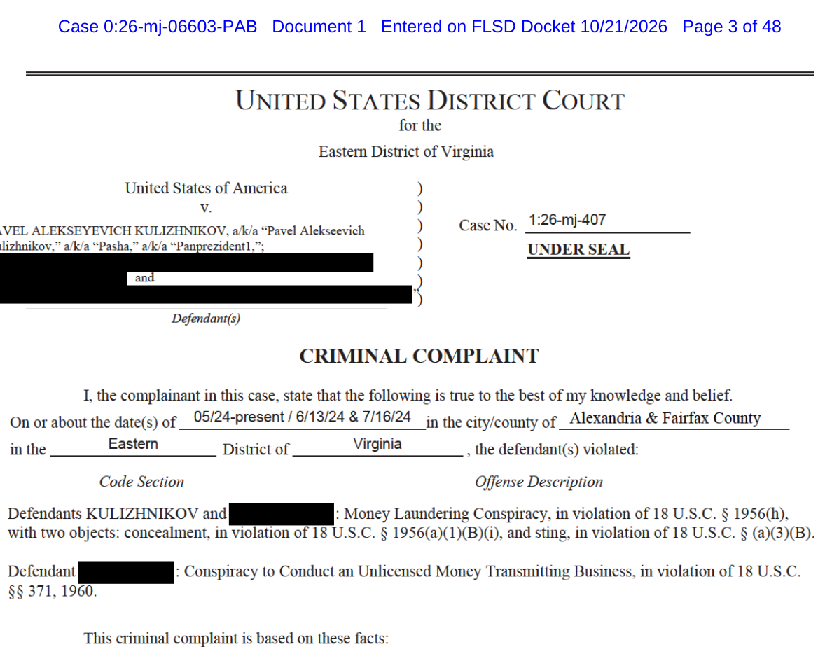 Criminal complaint form, Eastern District of Virginia case 1:26-mj-407, listing Pavel Alekseyevich Kulizhnikov and two redacted defendants and the money laundering conspiracy charge under 18 U.S.C. 1956(h).