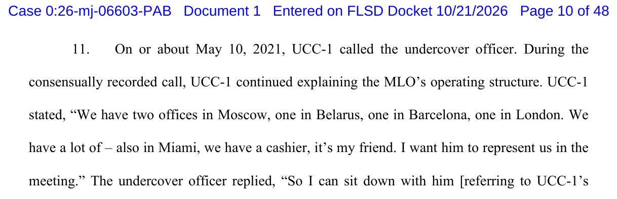 Affidavit paragraph 11 on page 10 of the filing, recounting a May 10, 2021, recorded call in which UCC-1 said the network had two offices in Moscow and one each in Belarus, Barcelona, and London, plus a cashier in Miami.