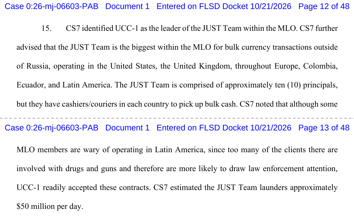 Affidavit paragraph 15 spanning pages 12 and 13 of the filing, stating CS7 estimated the JUST Team launders approximately $50 million per day.