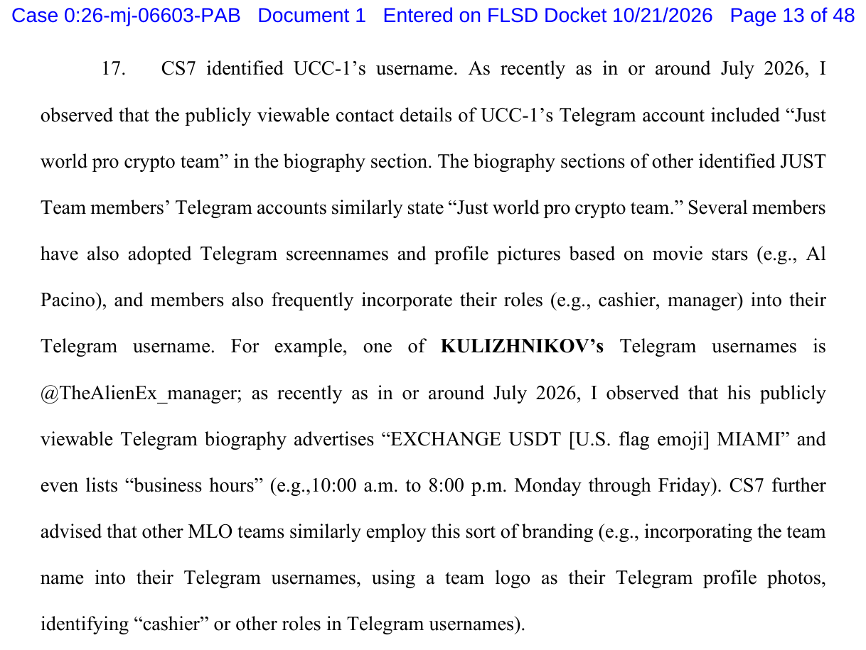 Affidavit paragraph 17 stating one of Kulizhnikov’s Telegram usernames is @TheAlienEx_manager and that its biography advertises EXCHANGE USDT MIAMI.