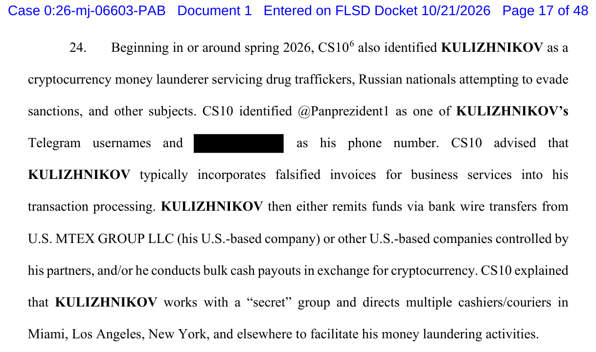 Affidavit paragraph 24 stating CS10 said Kulizhnikov uses falsified invoices for business services and remits funds by wire from U.S. MTEX GROUP LLC.