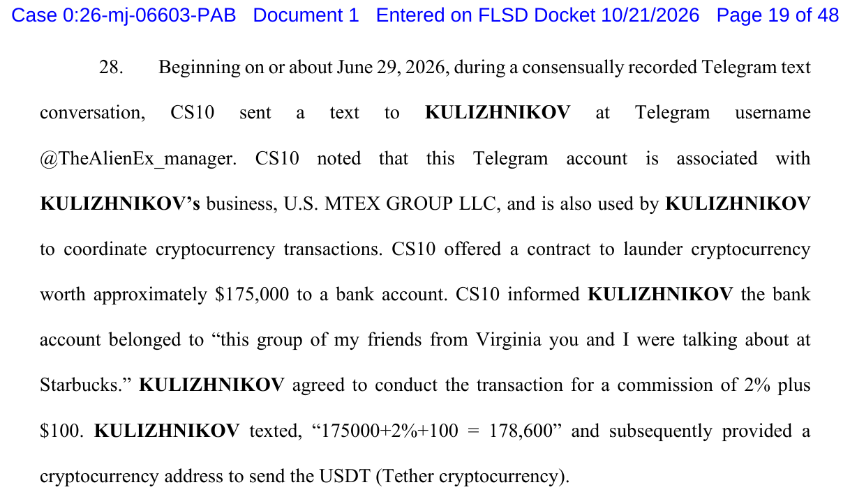 Affidavit paragraph 28 describing a June 29, 2026, Telegram conversation with Kulizhnikov at @TheAlienEx_manager about a $175,000 contract.