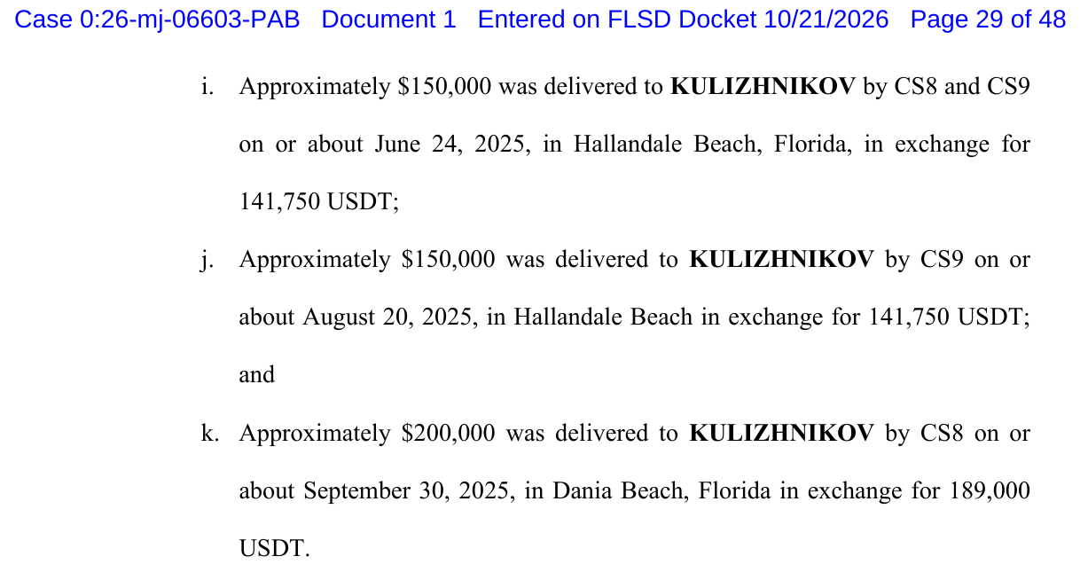 Affidavit list of undercover transactions in 2025 in which cash was delivered to Kulizhnikov in Hallandale Beach and Dania Beach, Florida, in exchange for USDT.