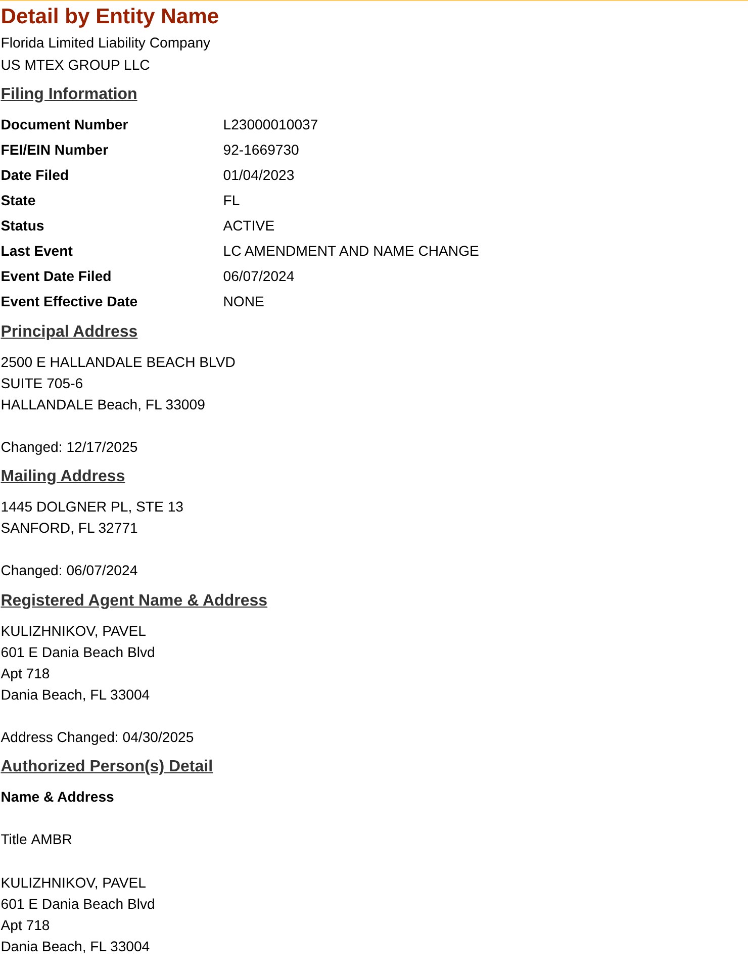 Florida Division of Corporations detail page for US MTEX GROUP LLC, document number L23000010037, showing its principal, mailing, registered agent, and authorized person addresses, with Pavel Kulizhnikov as registered agent and authorized member.