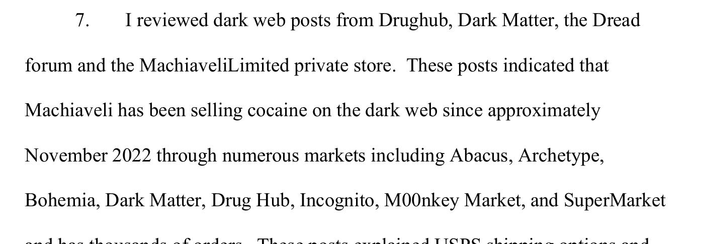 Excerpt of page 3 of the affidavit, paragraph 7, listing the darknet markets Abacus, Archetype, Bohemia, Dark Matter, Drug Hub, Incognito, M00nkey Market and SuperMarket.