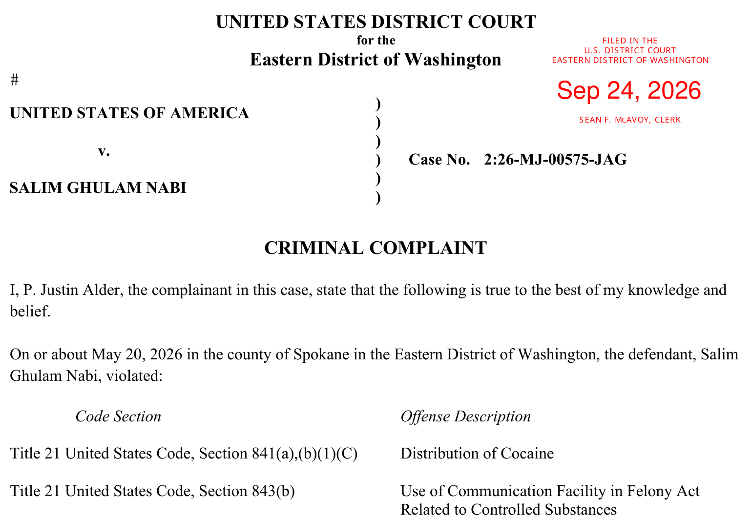 Top of the criminal complaint in United States v. Salim Ghulam Nabi, Case No. 2:26-MJ-00575-JAG, filed September 24, 2026, listing distribution of cocaine and use of a communication facility as the offenses.