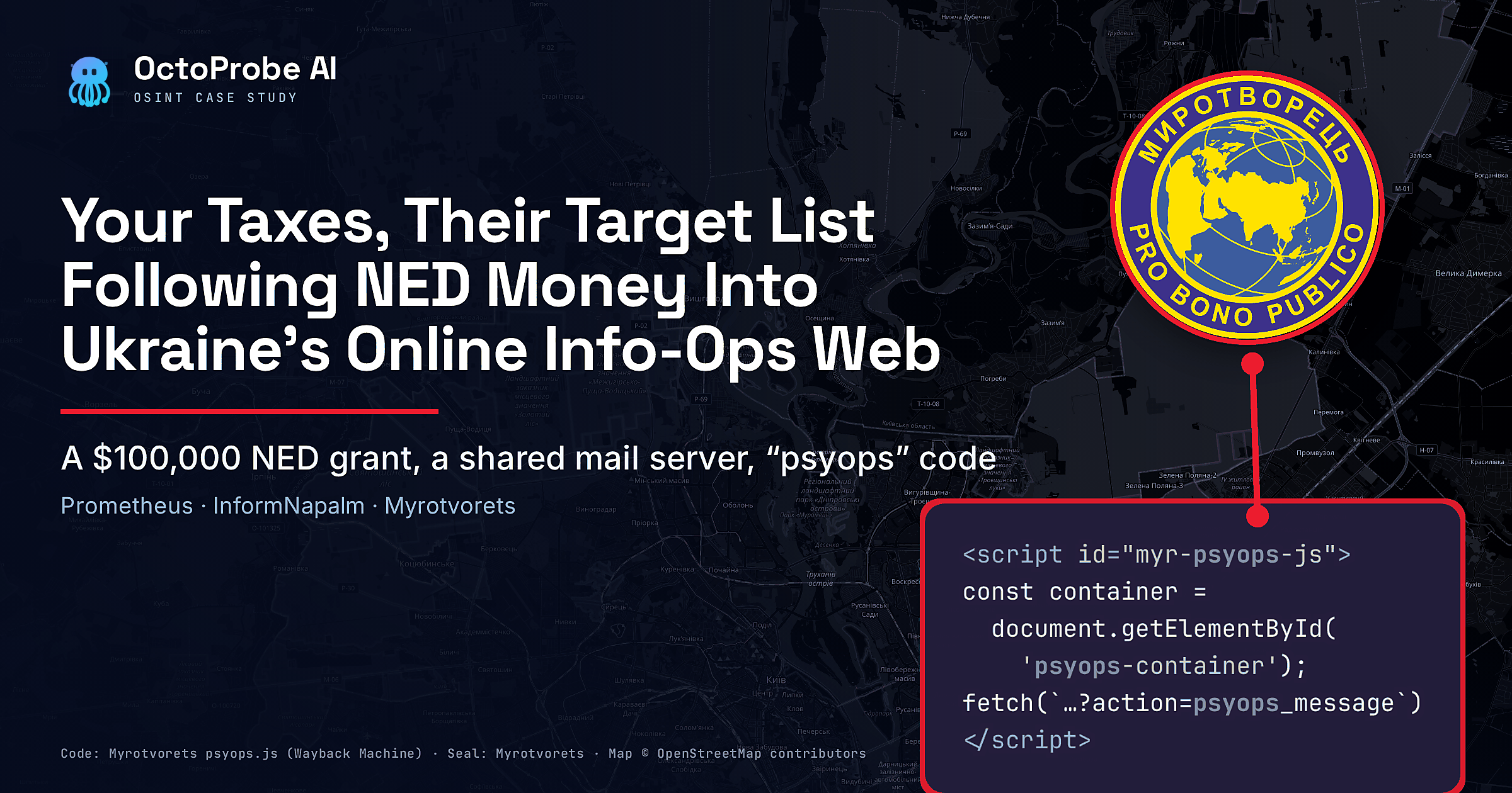 Cover: headline Your Taxes, Their Target List: Following NED Money Into Ukraine’s Online Info-Ops Web over a dark map of Kyiv, with the Myrotvorets seal (МИРОТВОРЕЦЬ, PRO BONO PUBLICO) ringed in red and linked by a red line to a code card showing the myr-psyops-js script
