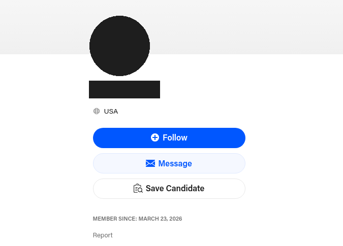 Behance profile listing location USA and member since March 23, 2026, with name and photo redacted