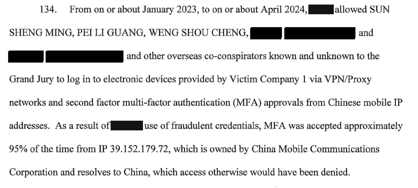 Indictment paragraph 134 describing multi-factor authentication approvals from a China Mobile IP address