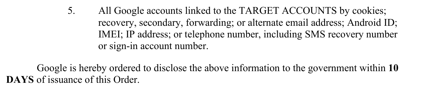 Excerpt of the Northern District of Texas court order asking Google for all accounts linked to the target accounts