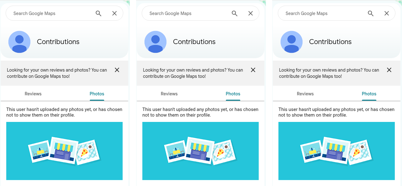 Three empty Google Maps contributor pages with generic gray avatars and no photos or reviews