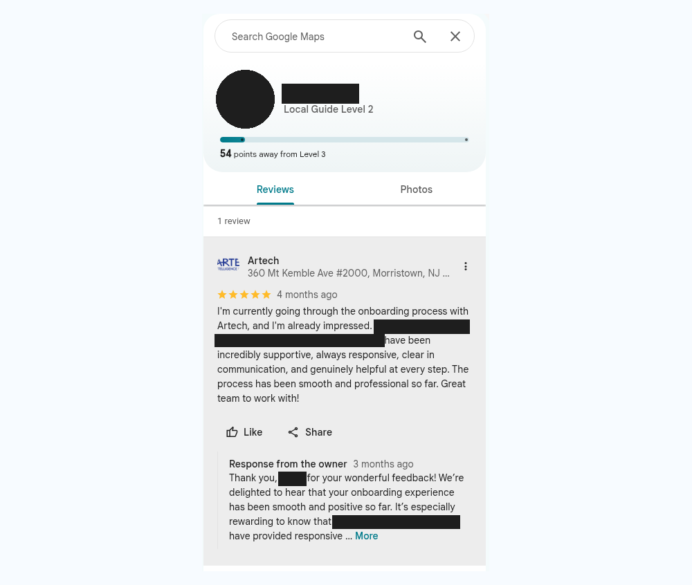 Google Maps Local Guide profile with one five-star review of Artech in Morristown, New Jersey, with reviewer name, photo, and staff names redacted