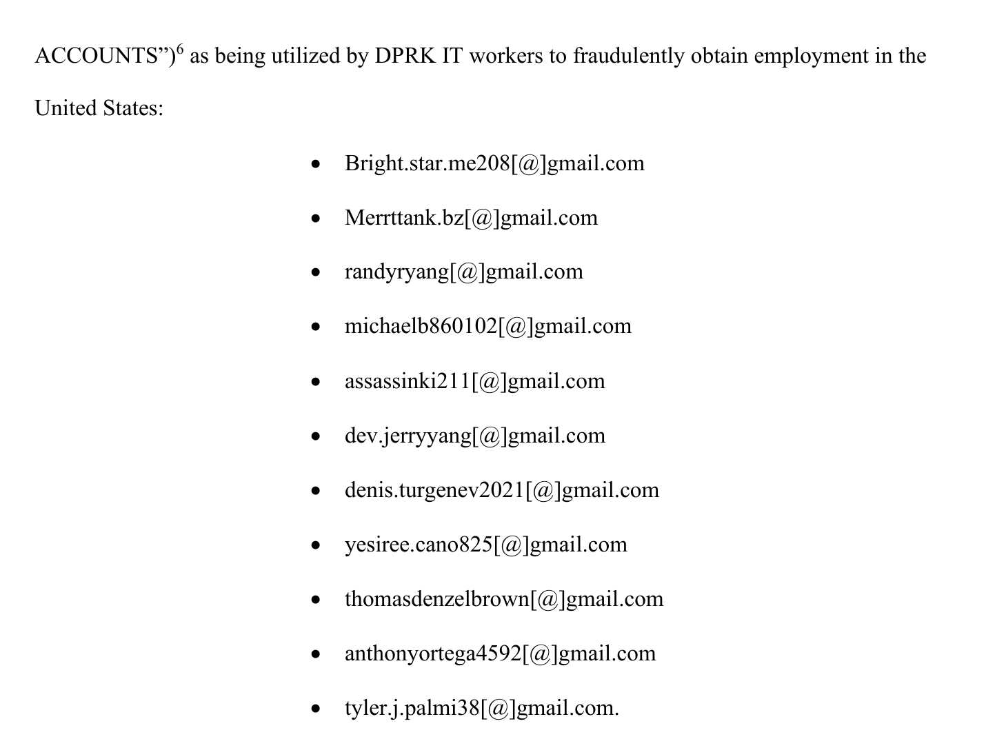 Page 5 of the government’s 18 U.S.C. 2703(d) application in the Northern District of Texas, listing eleven target Gmail accounts used by DPRK IT workers, with the at signs in brackets