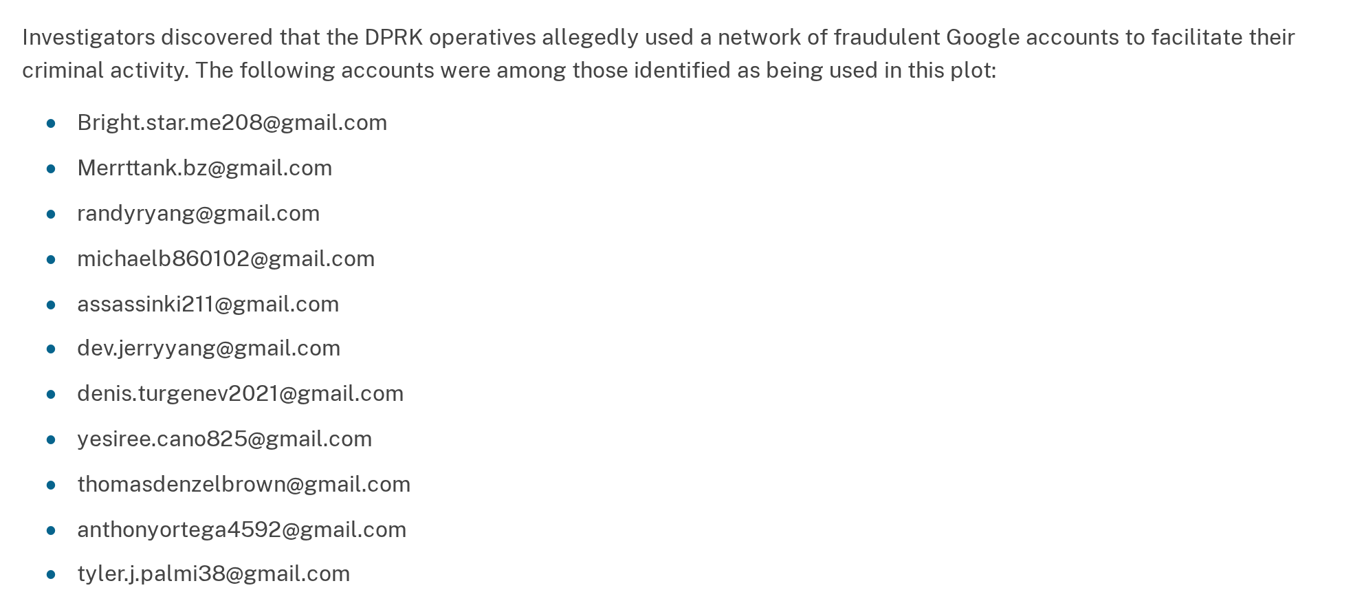 Screenshot of the Northern District of Texas press release of October 13, 2026, listing eleven Gmail accounts DOJ says North Korean operatives used, from Bright.star.me208@gmail.com to tyler.j.palmi38@gmail.com