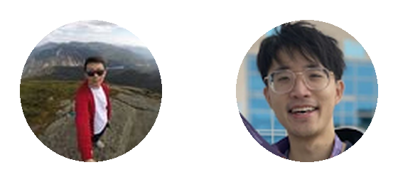 Two circular profile photos used to backstop the dev.jerryyang@gmail.com persona: a man in a red jacket and sunglasses on a mountainside, and a smiling young man in glasses; the images may be AI-generated