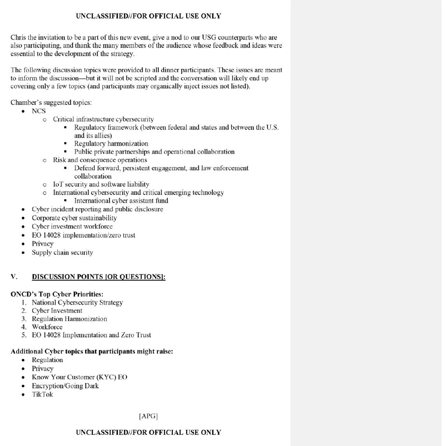 Memo page marked Unclassified, For Official Use Only, listing the Chamber’s suggested dinner topics, including defend forward, persistent engagement, and law enforcement collaboration, followed by ONCD’s Top Cyber Priorities numbered one to five and additional topics participants might raise: regulation, privacy, the Know Your Customer executive order, encryption and going dark, and TikTok.