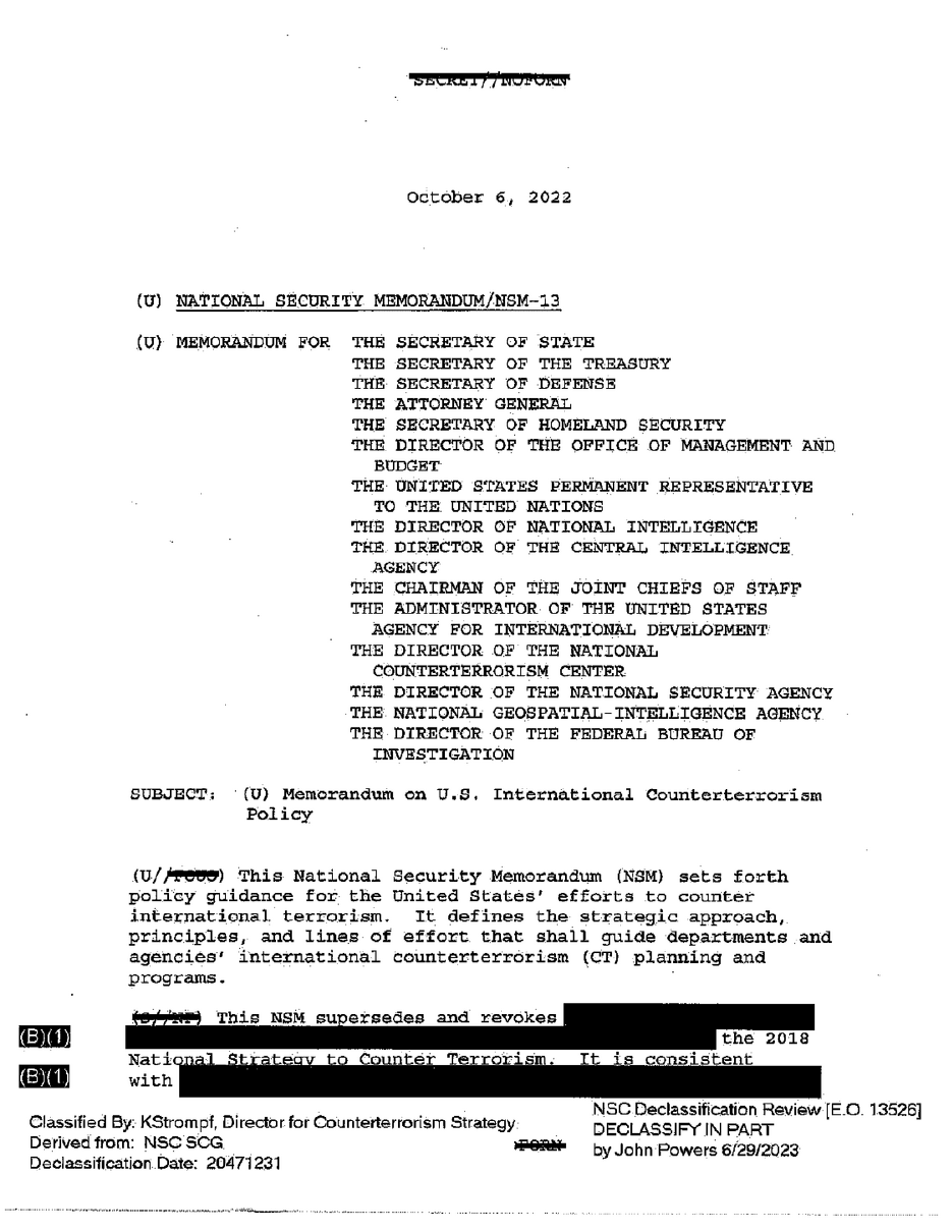 First page of National Security Memorandum NSM-13, dated October 6, 2022, addressed to the secretaries of state, the treasury, defense, and homeland security, the attorney general, and other officials, with the subject Memorandum on U.S. International Counterterrorism Policy. Two passages are blacked out and marked (B)(1), and the footer reads NSC Declassification Review, Declassify in Part by John Powers 6/29/2023.