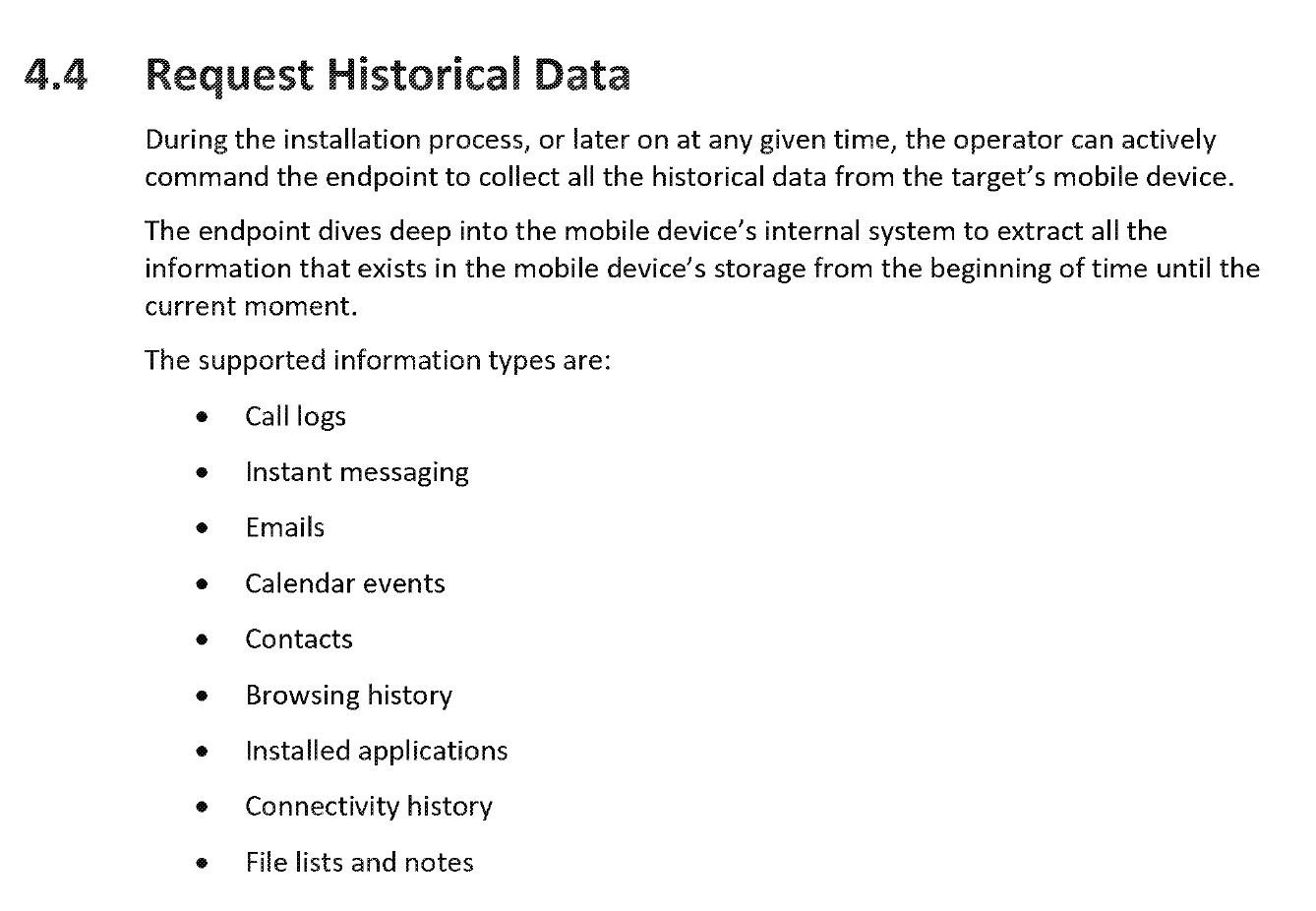 4.4 Request Historical Data Scanned page headed 4.4 Request Historical Data stating that the endpoint extracts all information in the mobile device’s storage from the beginning of time until the current moment, followed by nine supported information types from call logs to file lists and notes
